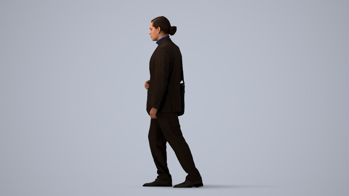 realistic 3D human man business walking, archviz people FBX OBJ for Blender, three-quarter view render