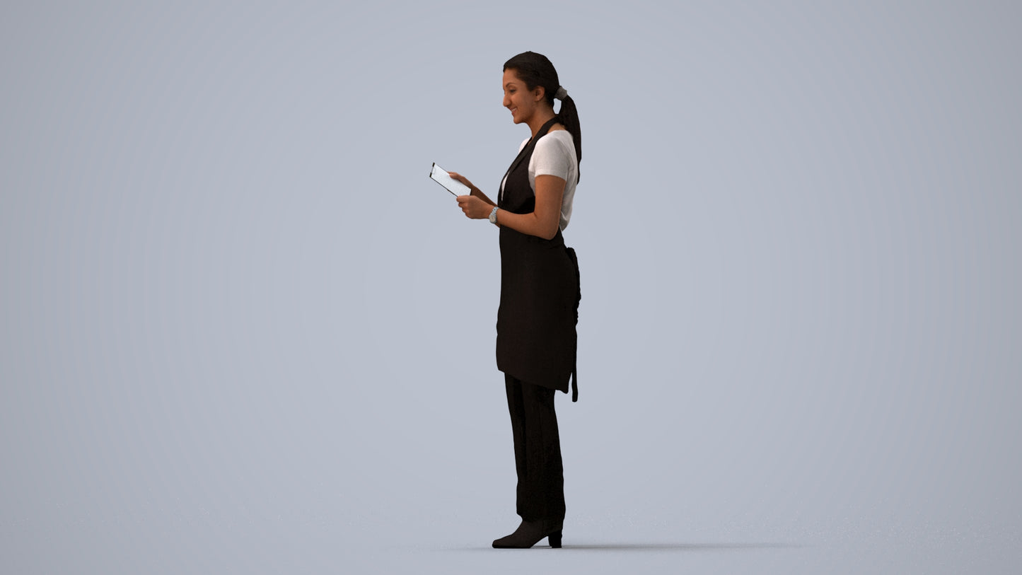 realistic 3D woman hospitality, scanned archviz people for Blender and 3ds Max, three-quarter view render