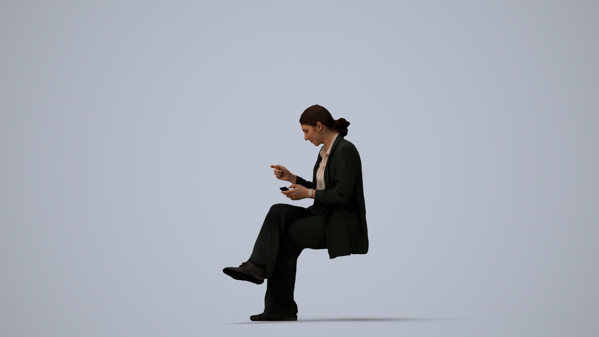 3D human model woman business, photogrammetry scanned person for archviz, three-quarter view render