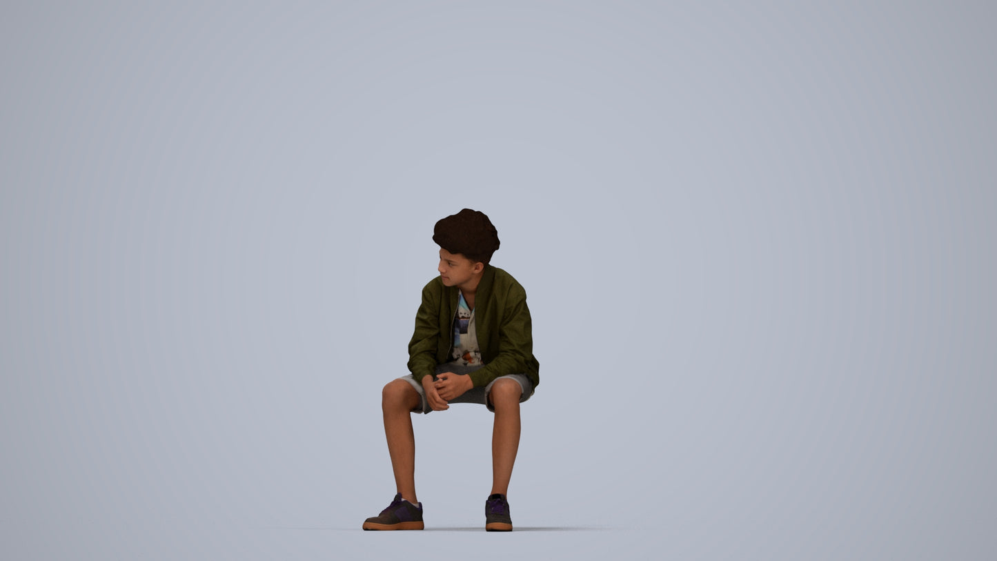 3D human model boy casual kids, photogrammetry scanned person for archviz, top-down view render