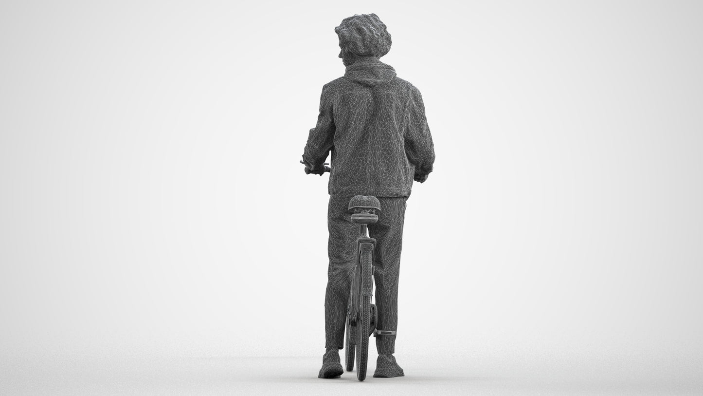 3D human model man casual cycling, photogrammetry scanned person for archviz, wireframe front view