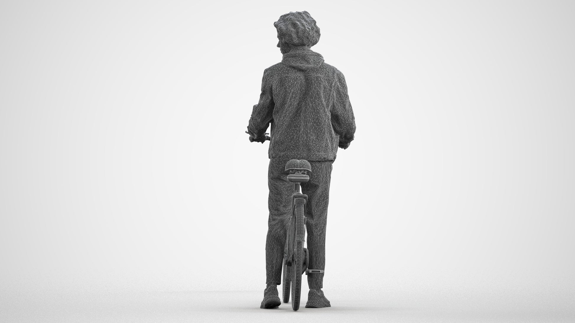 3D human model man casual cycling, photogrammetry scanned person for archviz, wireframe front view