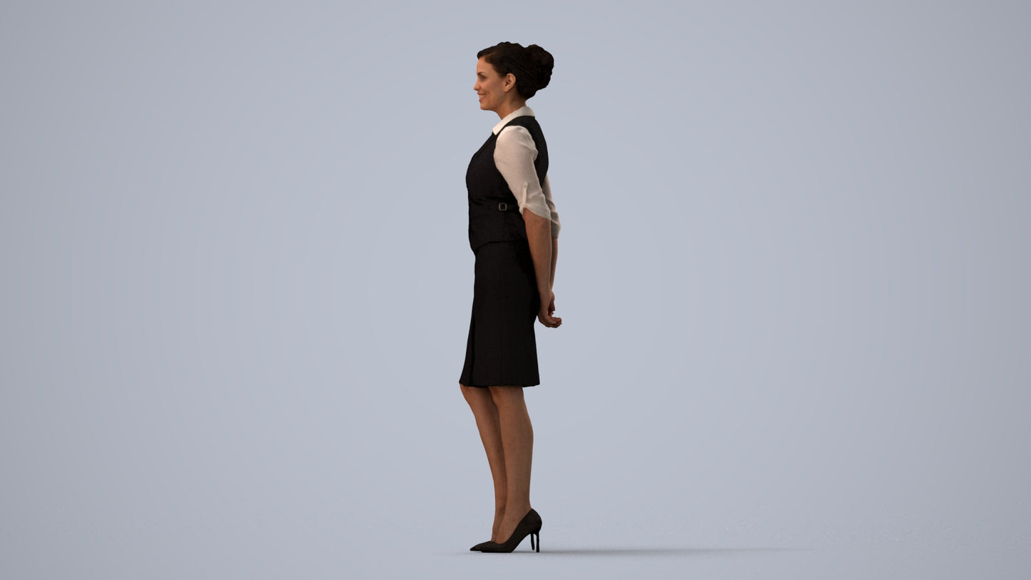 realistic 3D people woman hospitality, render-ready for V-Ray and Corona, FBX OBJ, three-quarter view render