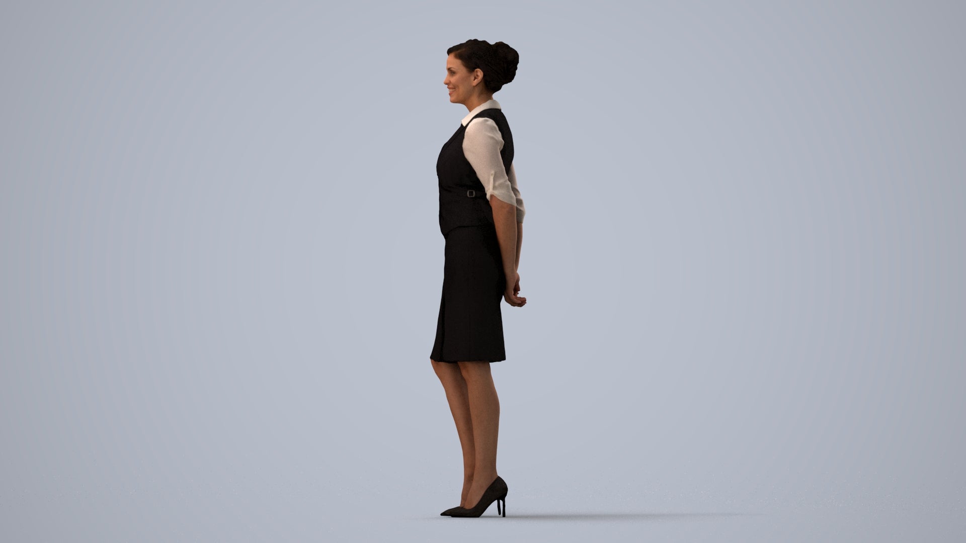 realistic 3D people woman hospitality, render-ready for V-Ray and Corona, FBX OBJ, three-quarter view render