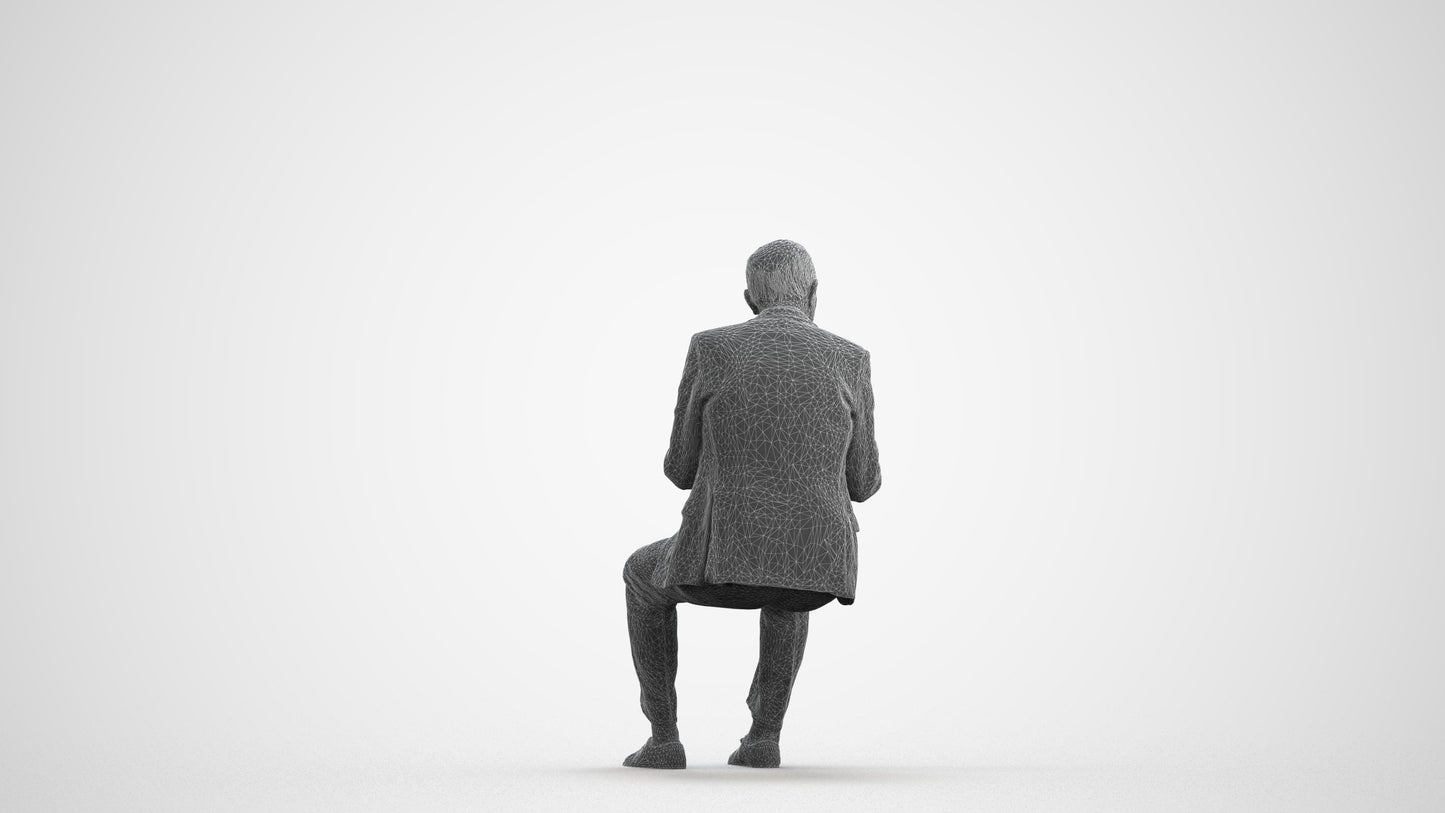 realistic 3D senior man business sitting, scanned archviz people for Blender and 3ds Max, wireframe front view