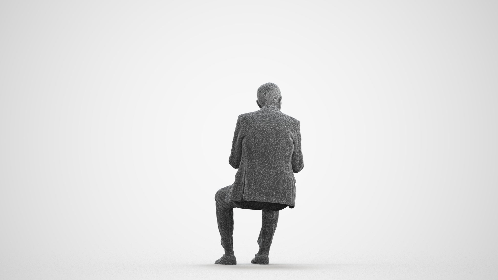 realistic 3D senior man business sitting, scanned archviz people for Blender and 3ds Max, wireframe front view