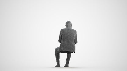 realistic 3D senior man business sitting, scanned archviz people for Blender and 3ds Max, wireframe front view