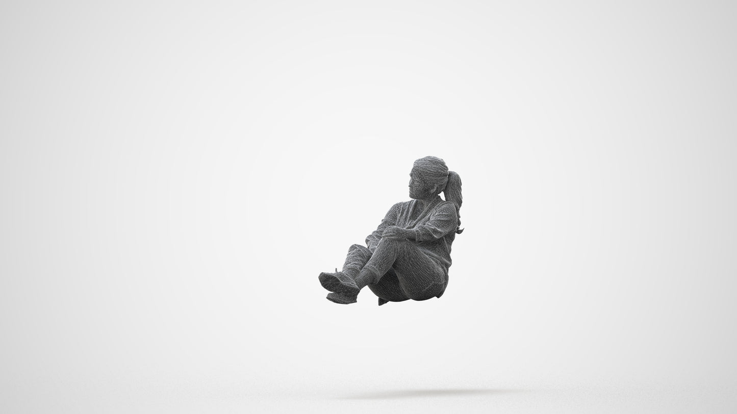 realistic 3D woman casual sitting, scanned archviz people for Blender and 3ds Max, square thumbnail