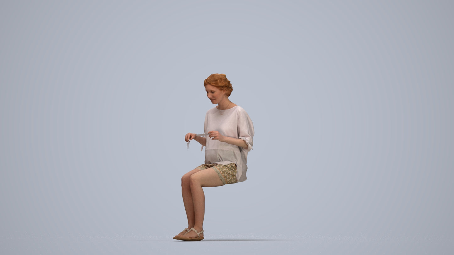 realistic 3D human woman casual sitting, archviz people FBX OBJ for Blender, top-down view render