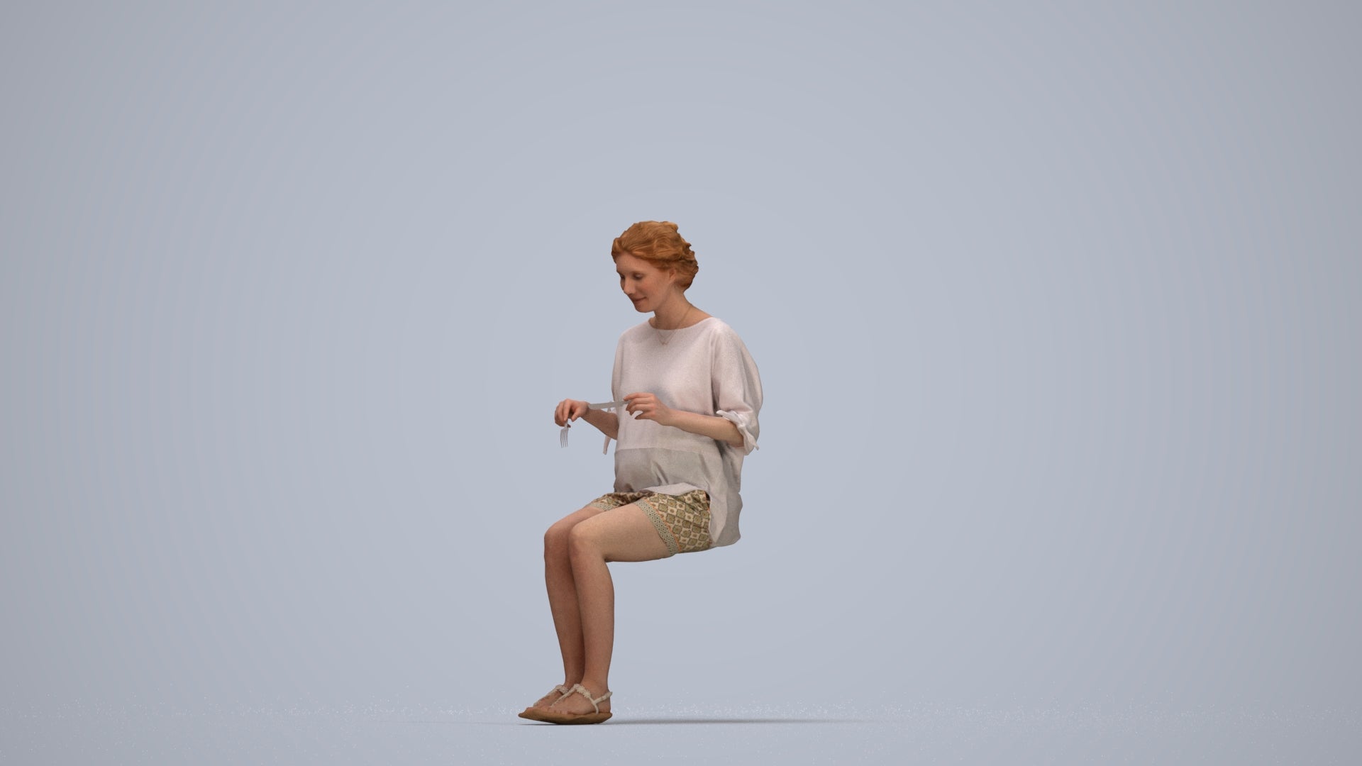 realistic 3D human woman casual sitting, archviz people FBX OBJ for Blender, top-down view render