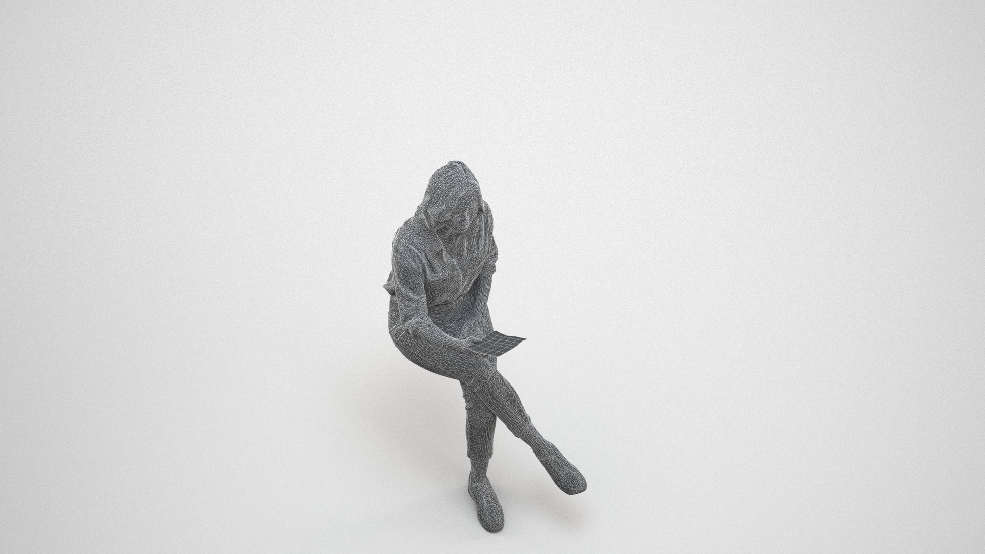 photogrammetry 3D woman casual sitting, realistic human model archviz FBX, wireframe three-quarter view
