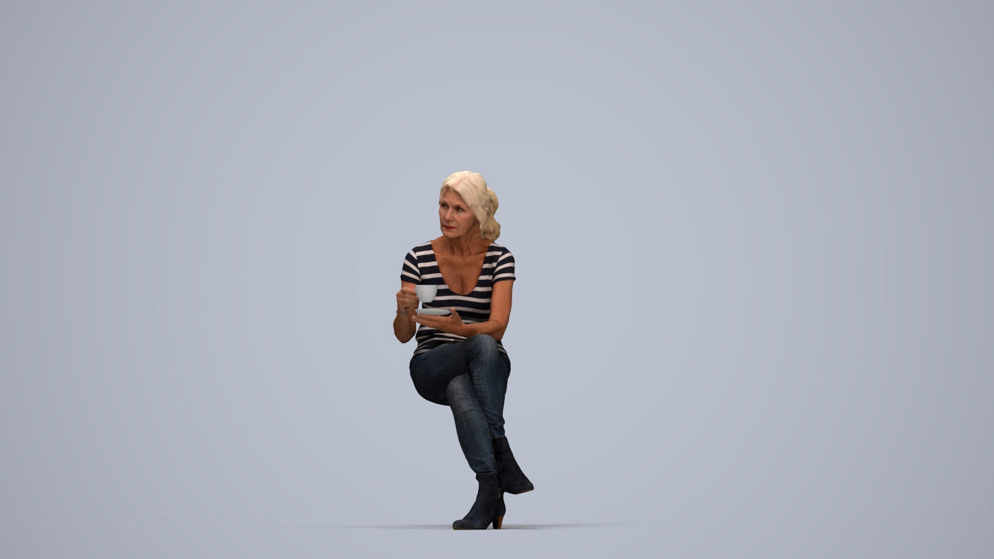 3D scanned senior woman sitting casual, photorealistic archviz people for Enscape and SketchUp, top-down view render