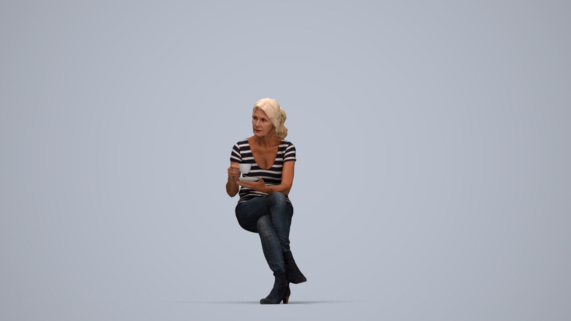 3D scanned senior woman sitting casual, photorealistic archviz people for Enscape and SketchUp, top-down view render