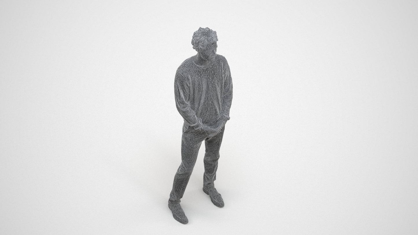 scanned 3D man casual standing, photogrammetry people for Enscape and V-Ray, wireframe three-quarter view