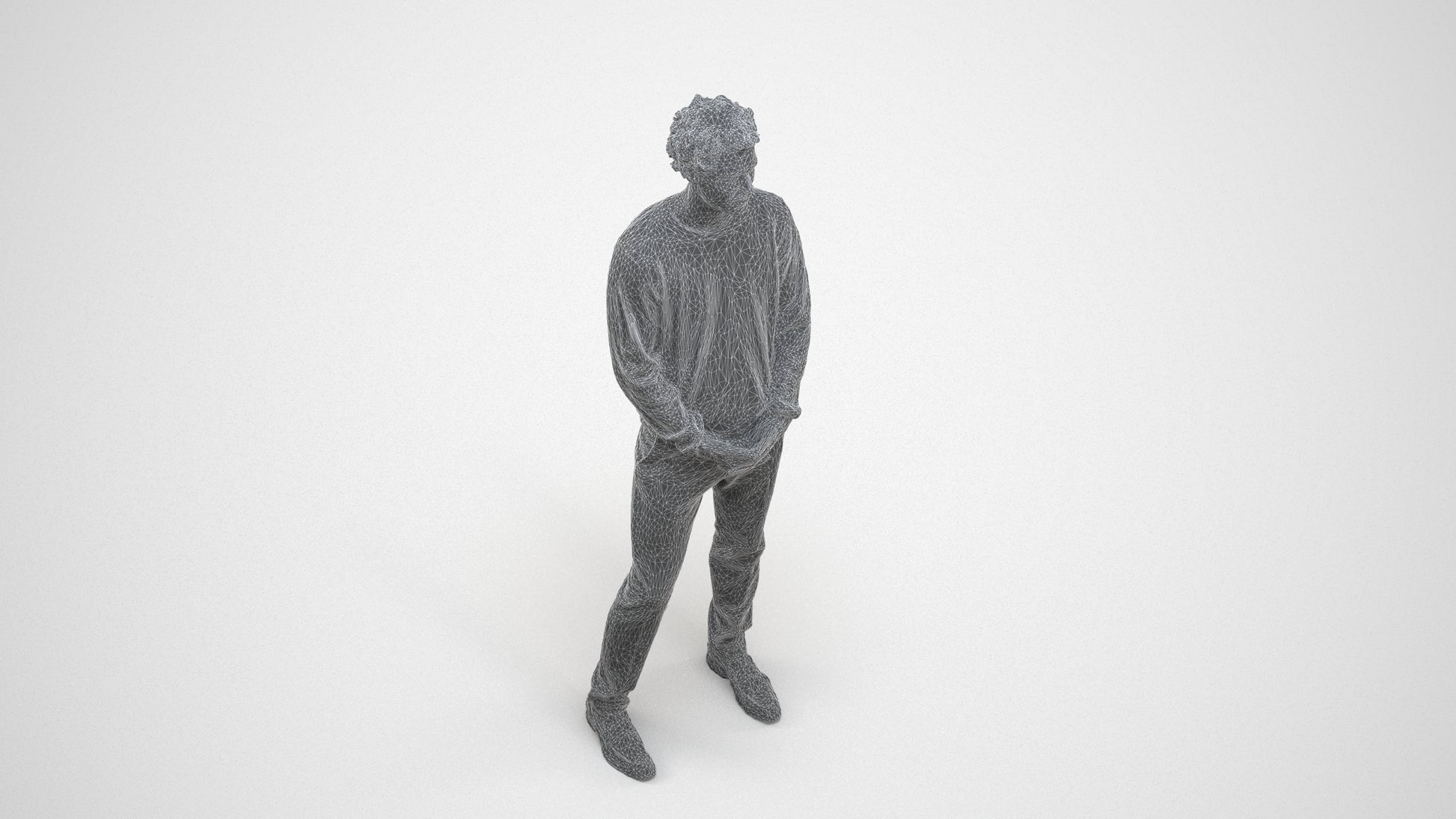 scanned 3D man casual standing, photogrammetry people for Enscape and V-Ray, wireframe three-quarter view