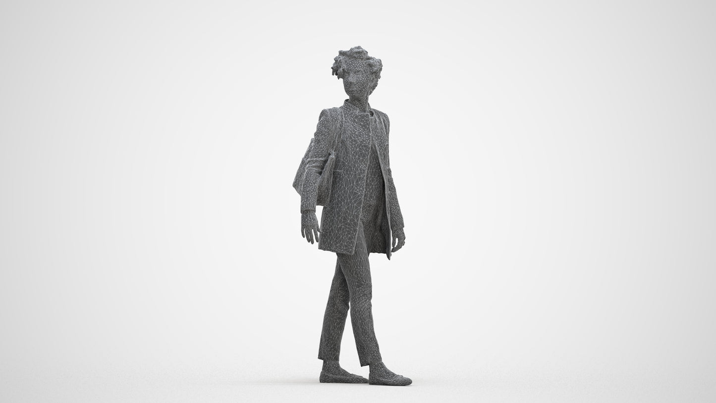 3D human model woman business walking, photogrammetry scanned person for archviz, three-quarter front view render