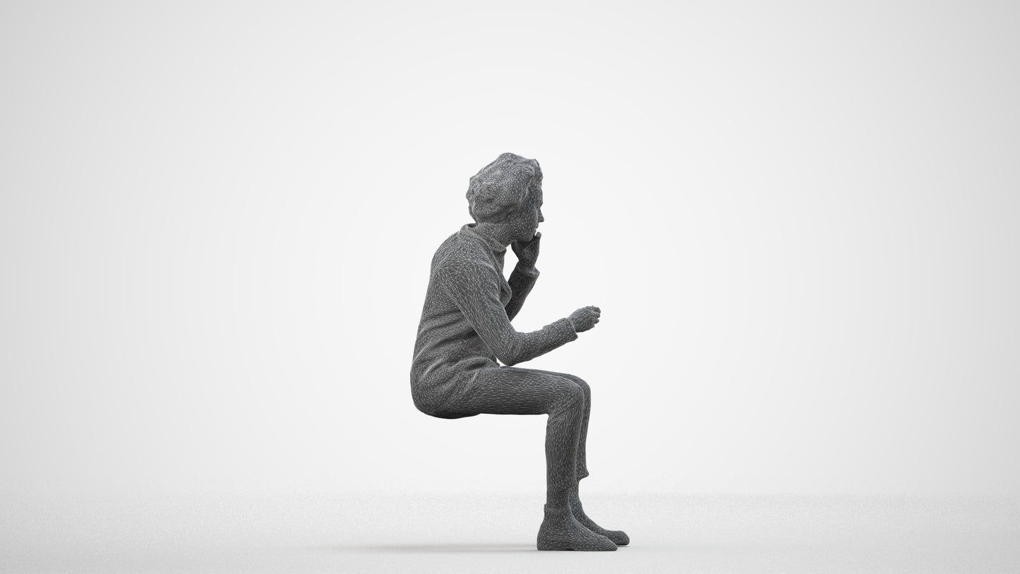 3D scanned man sitting business, photorealistic archviz people for Enscape and SketchUp, wireframe side view