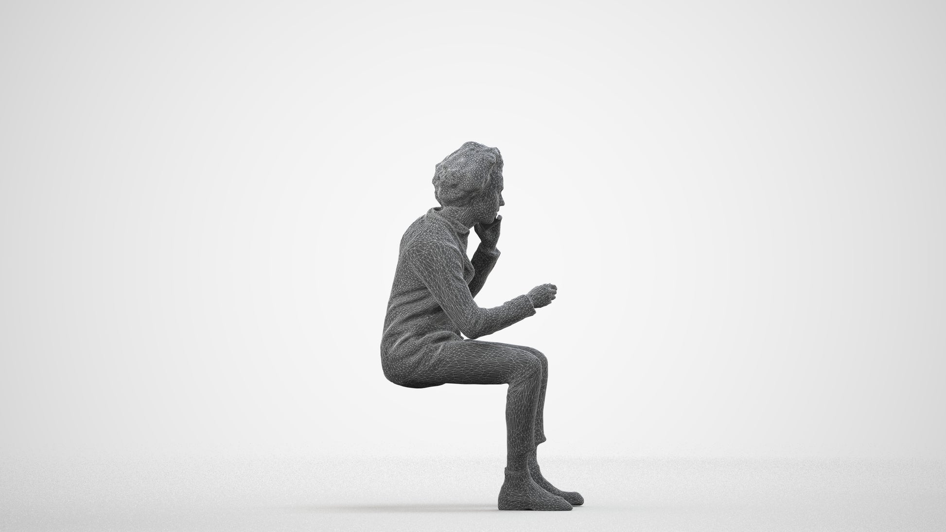 3D scanned man sitting business, photorealistic archviz people for Enscape and SketchUp, wireframe side view