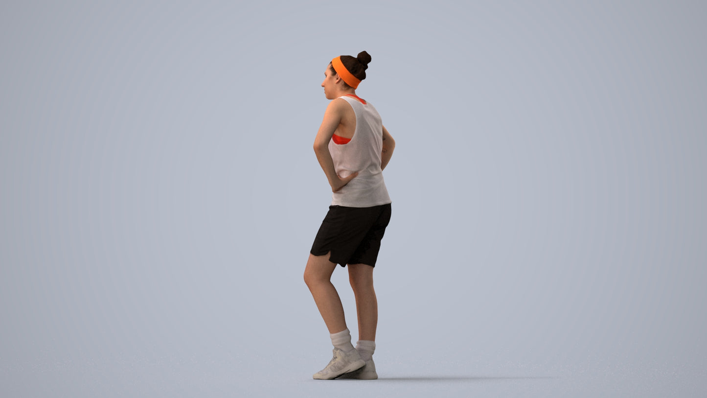 realistic 3D human woman sport, archviz people FBX OBJ for Blender, three-quarter view render
