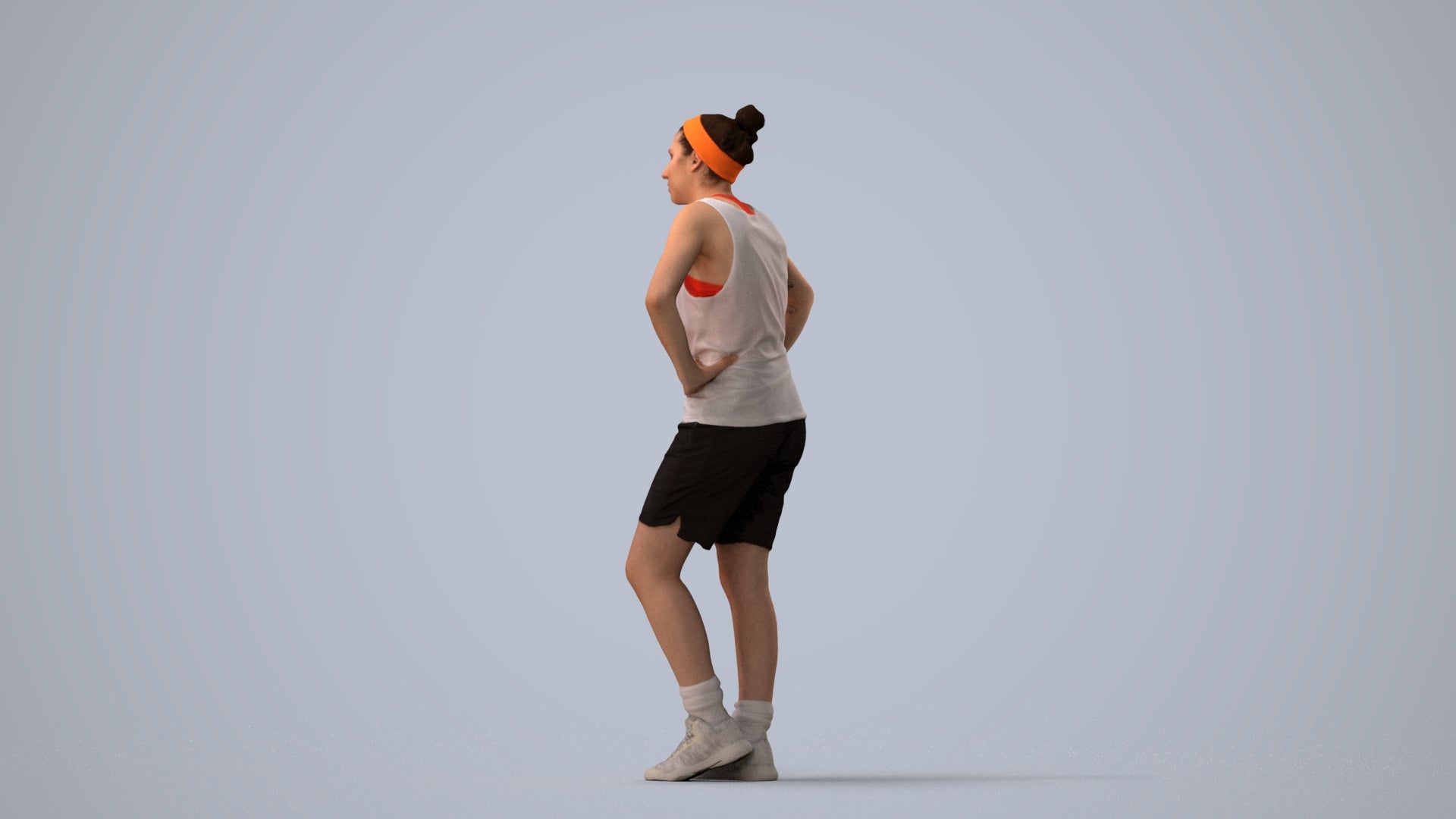 realistic 3D human woman sport, archviz people FBX OBJ for Blender, three-quarter view render