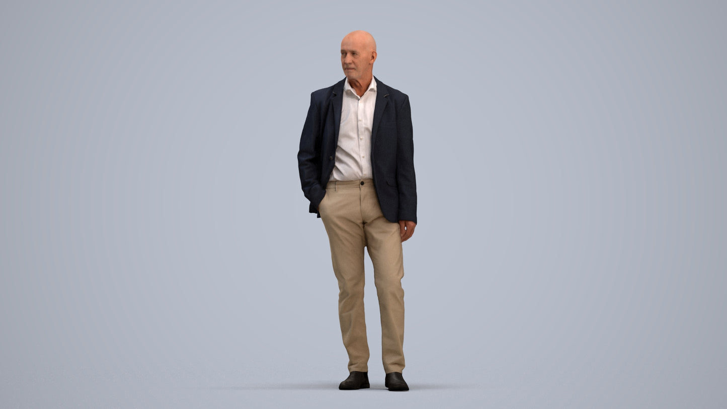 3D scanned senior man business, photorealistic archviz people for Enscape and SketchUp, standing pose render