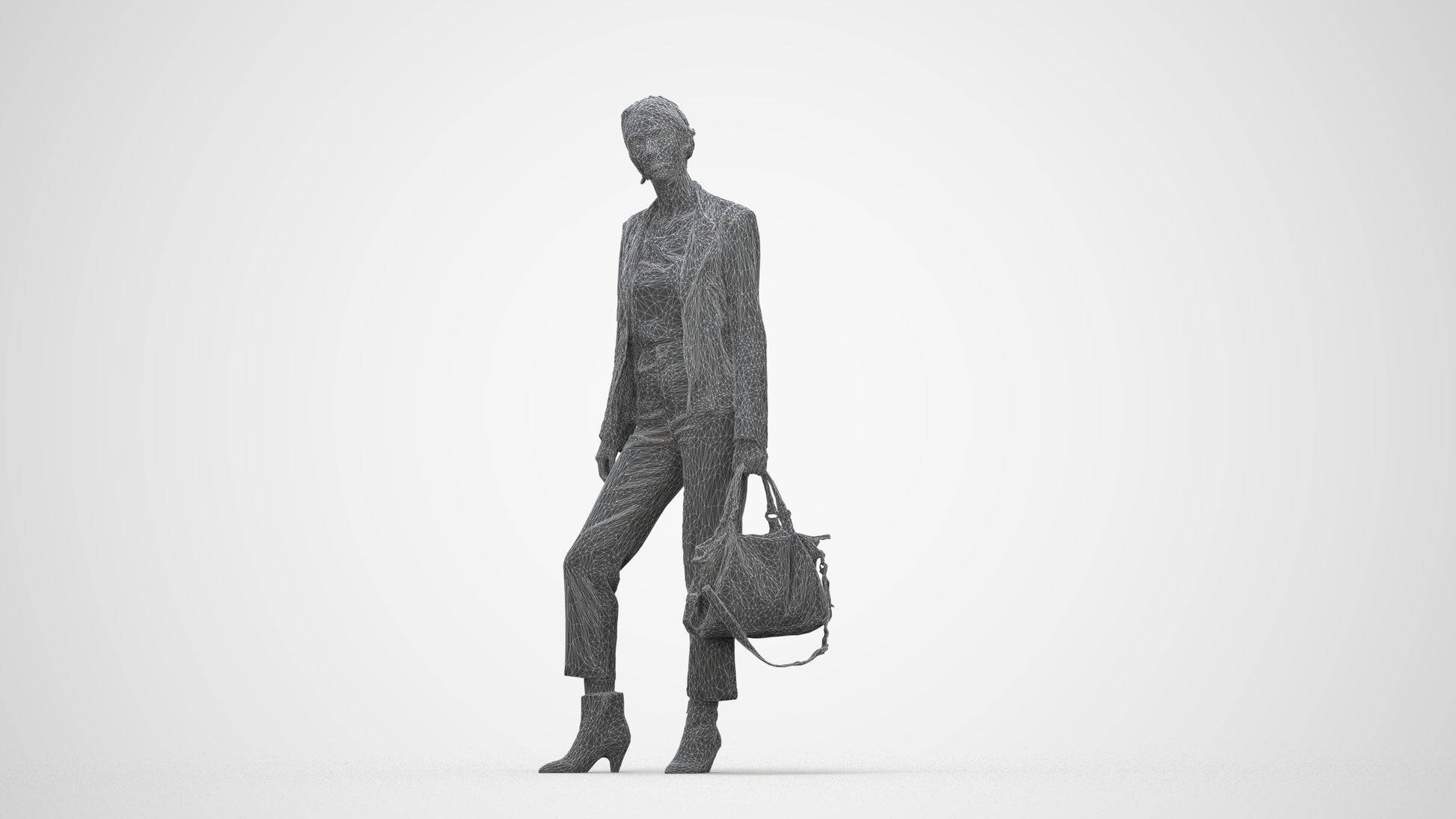 realistic 3D human woman business standing, archviz people FBX OBJ for Blender, wireframe back view