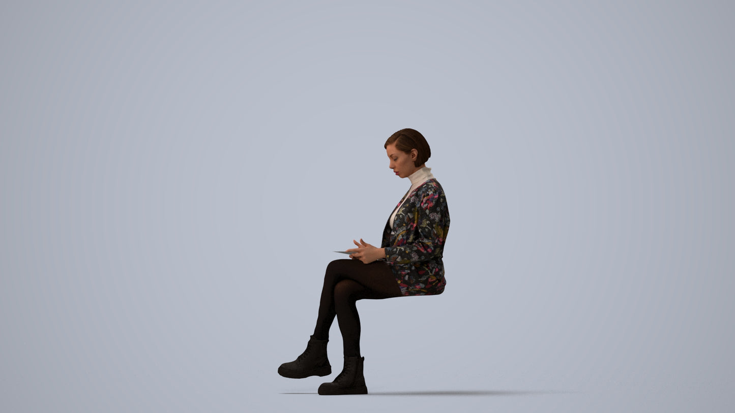 realistic 3D woman business sitting, scanned archviz people for Blender and 3ds Max, three-quarter view render