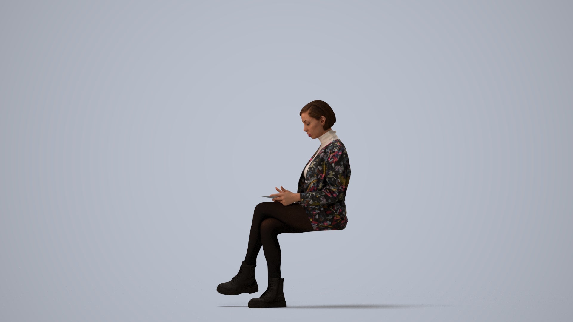 realistic 3D woman business sitting, scanned archviz people for Blender and 3ds Max, three-quarter view render