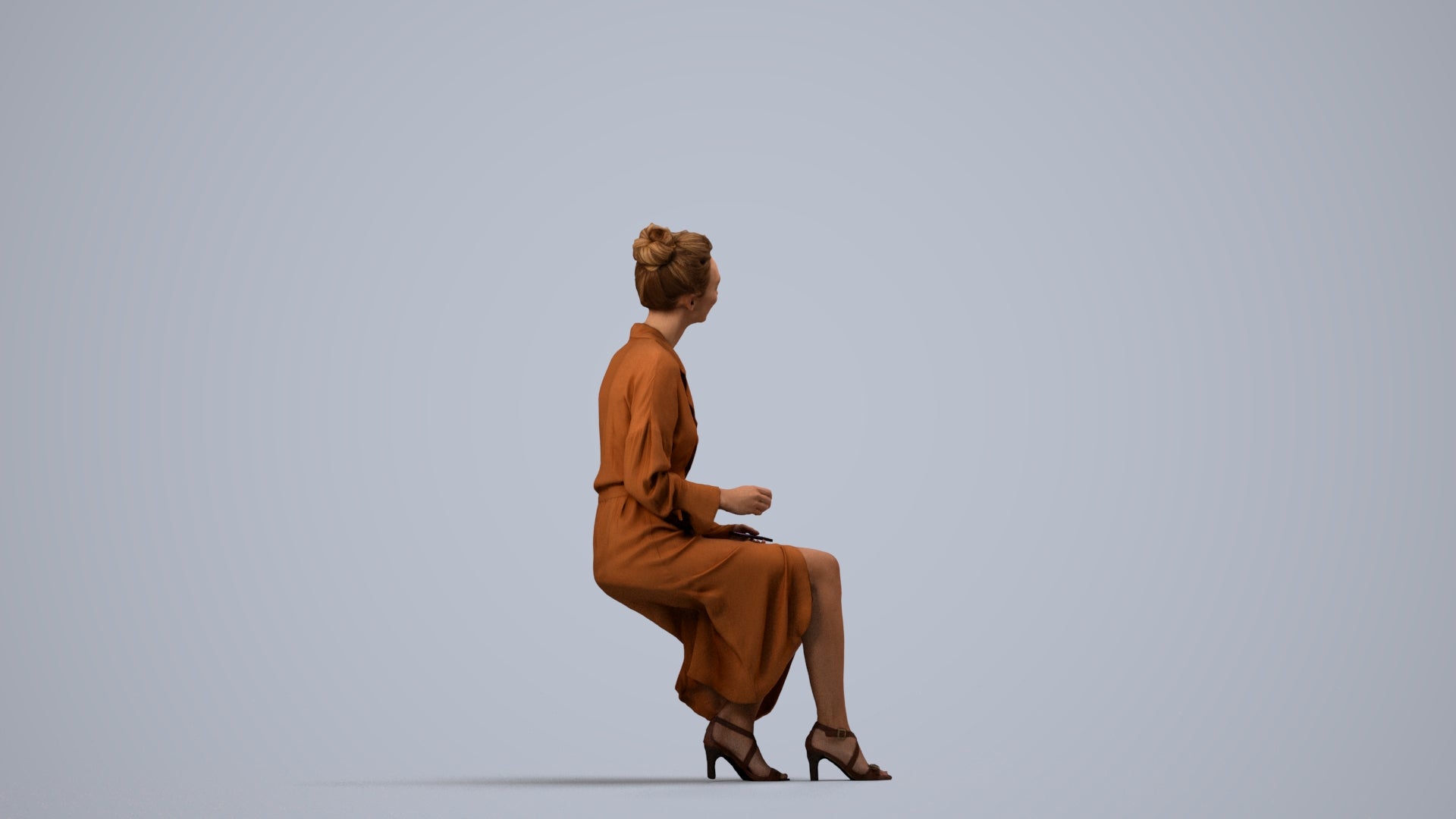 3D scanned woman sitting business, photorealistic archviz people for Enscape and SketchUp, side view render