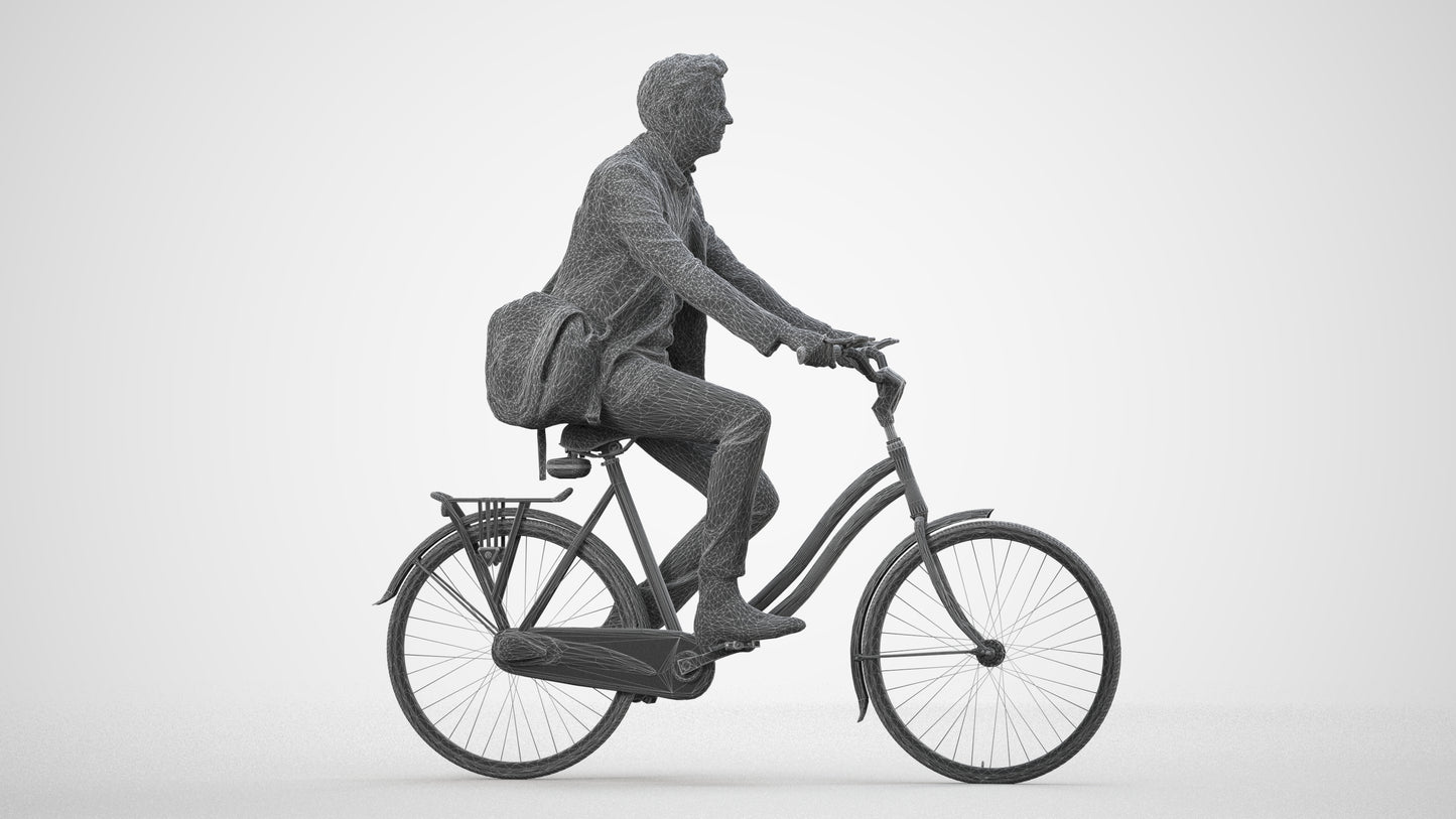 3D human model man business cycling, photogrammetry scanned person for archviz, wireframe side view