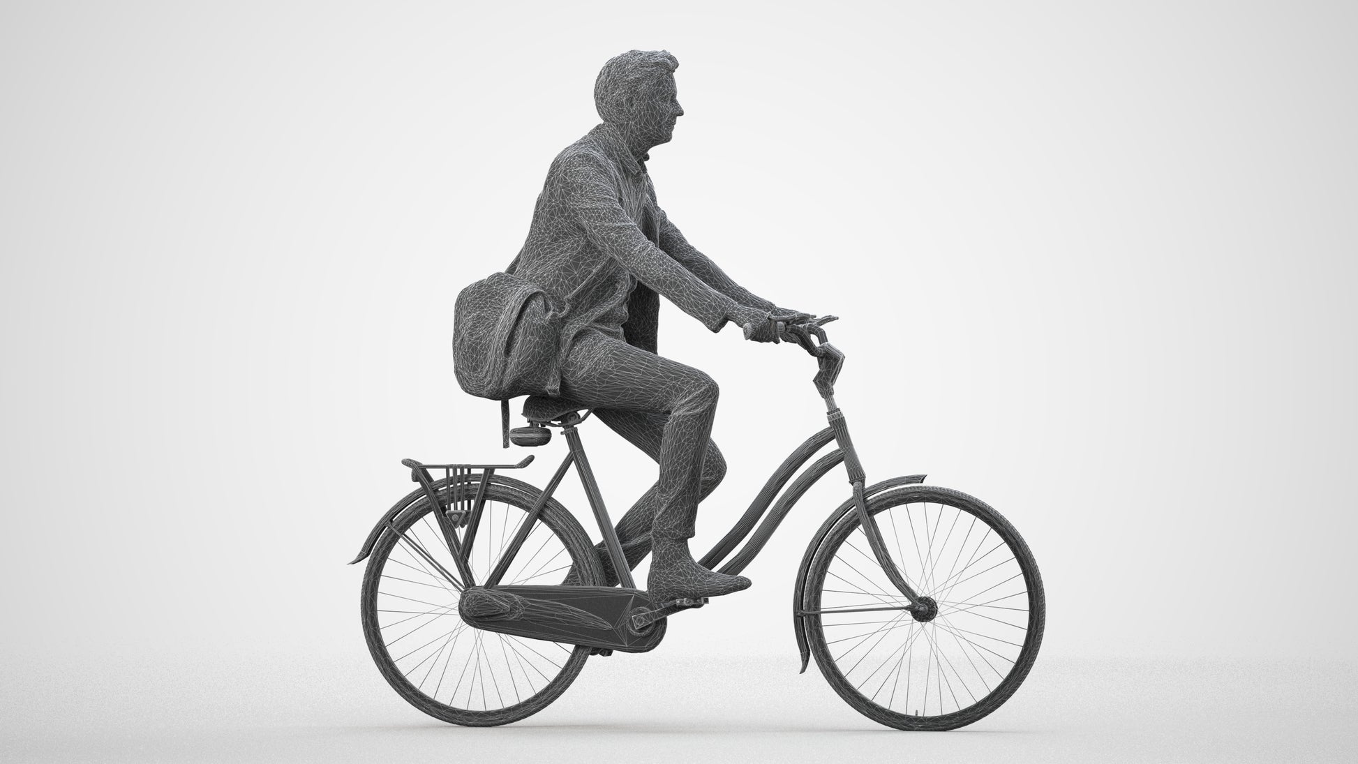 3D human model man business cycling, photogrammetry scanned person for archviz, wireframe side view
