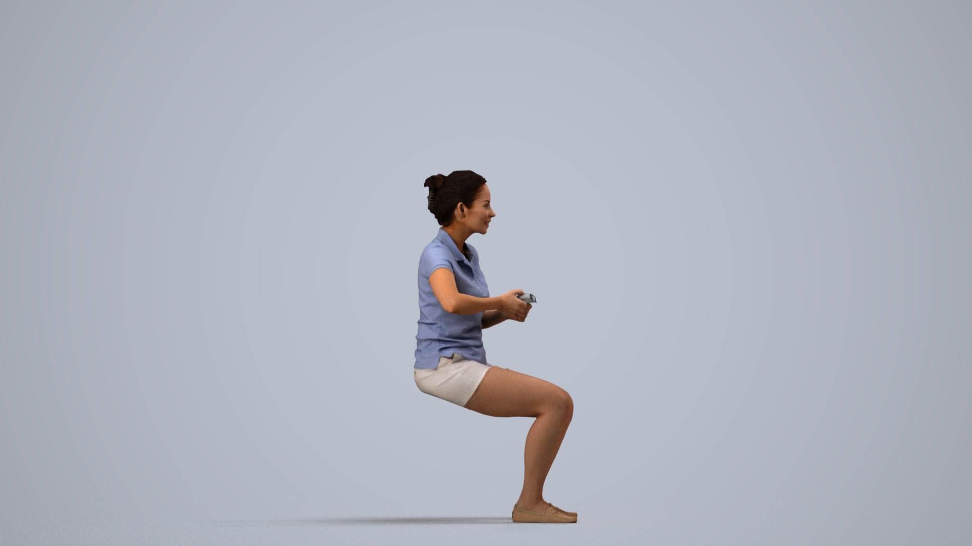 3D scanned woman sitting casual, photorealistic archviz people for Enscape and SketchUp, side view render