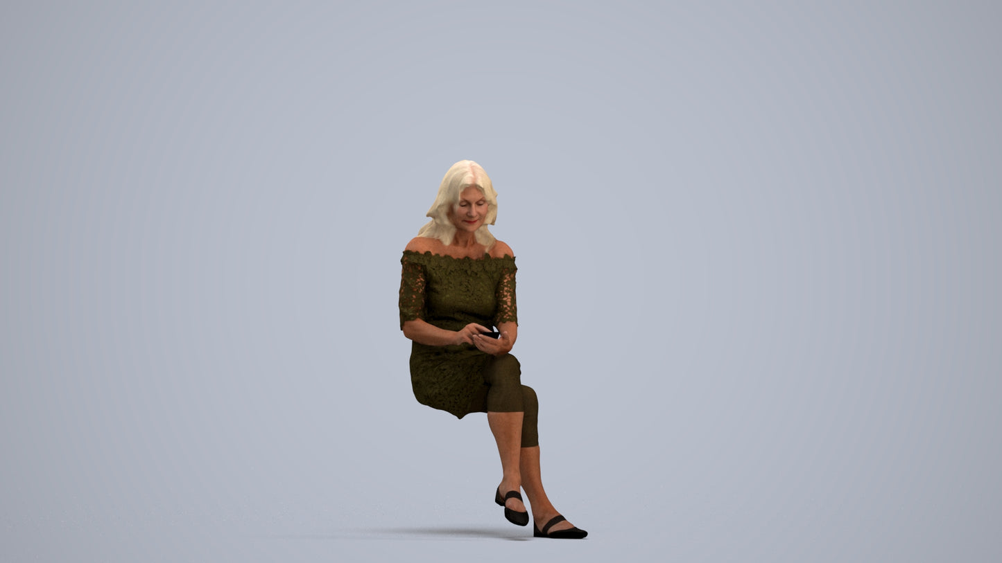realistic 3D senior woman casual sitting, scanned archviz people for Blender and 3ds Max, standing pose render