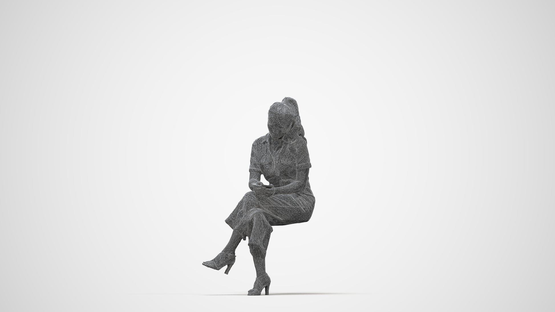 photogrammetry 3D woman formal sitting, realistic human model archviz FBX, wireframe back view