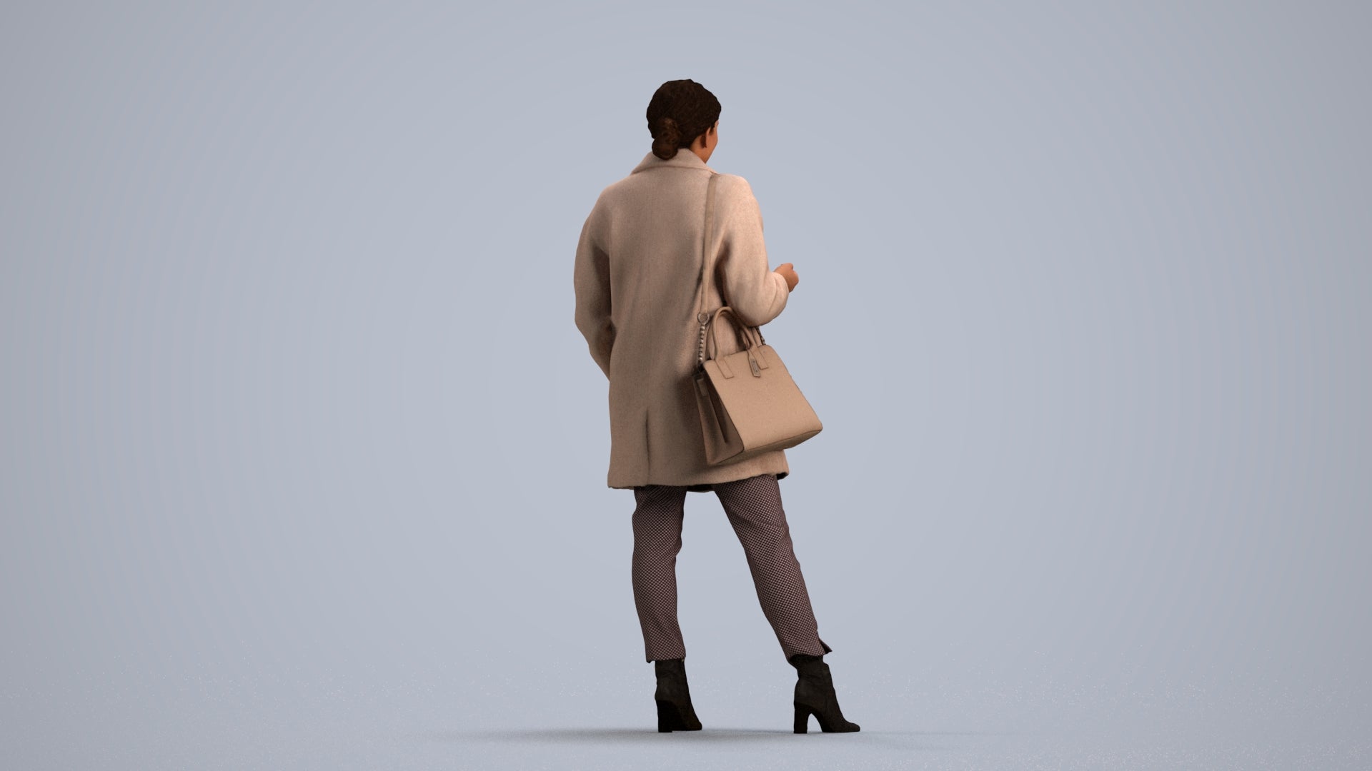 3D human model woman business standing, photogrammetry scanned person for archviz, front view render