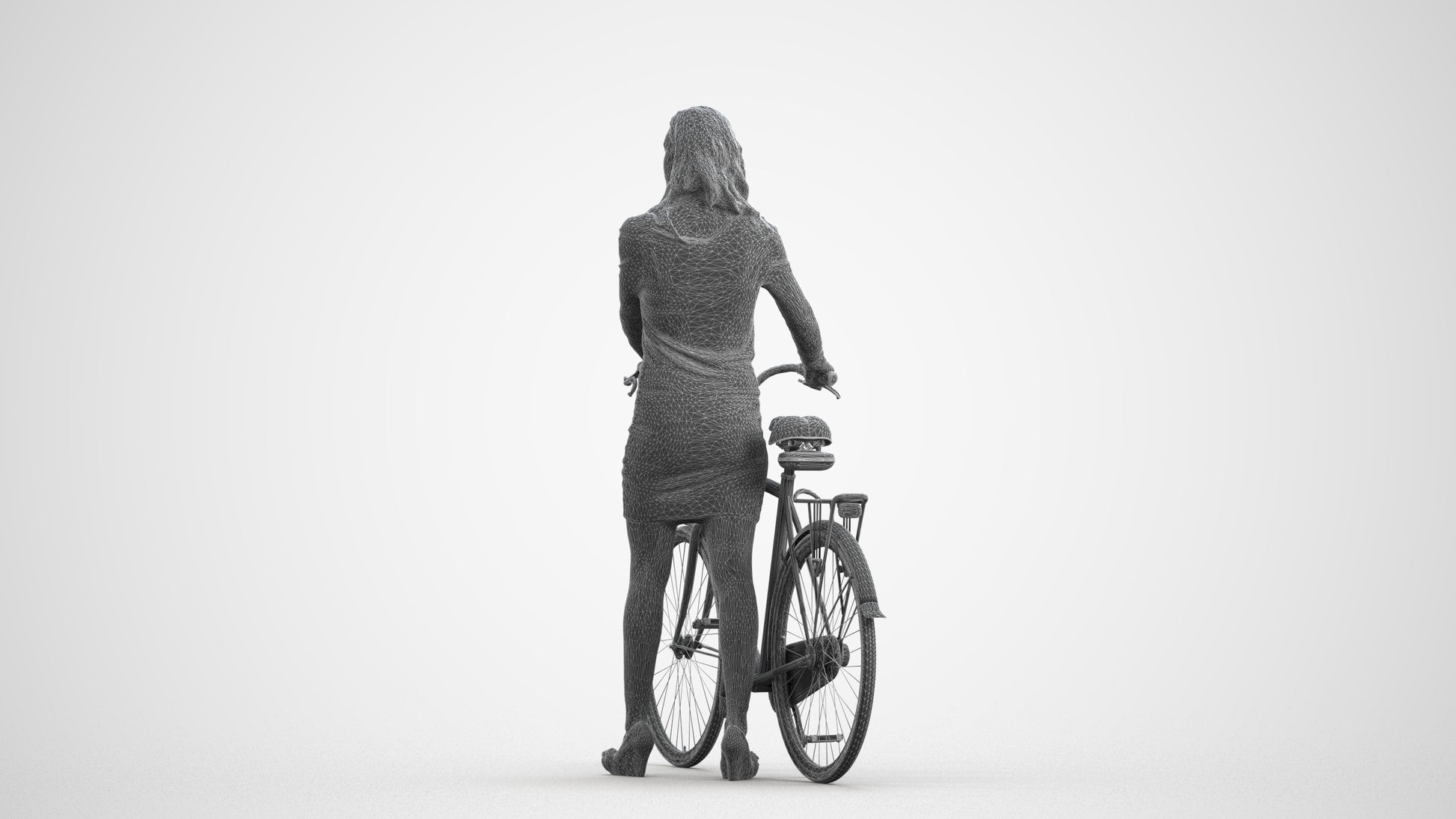 3D people model woman business cycling, scanned human for 3ds Max rendering, wireframe front view