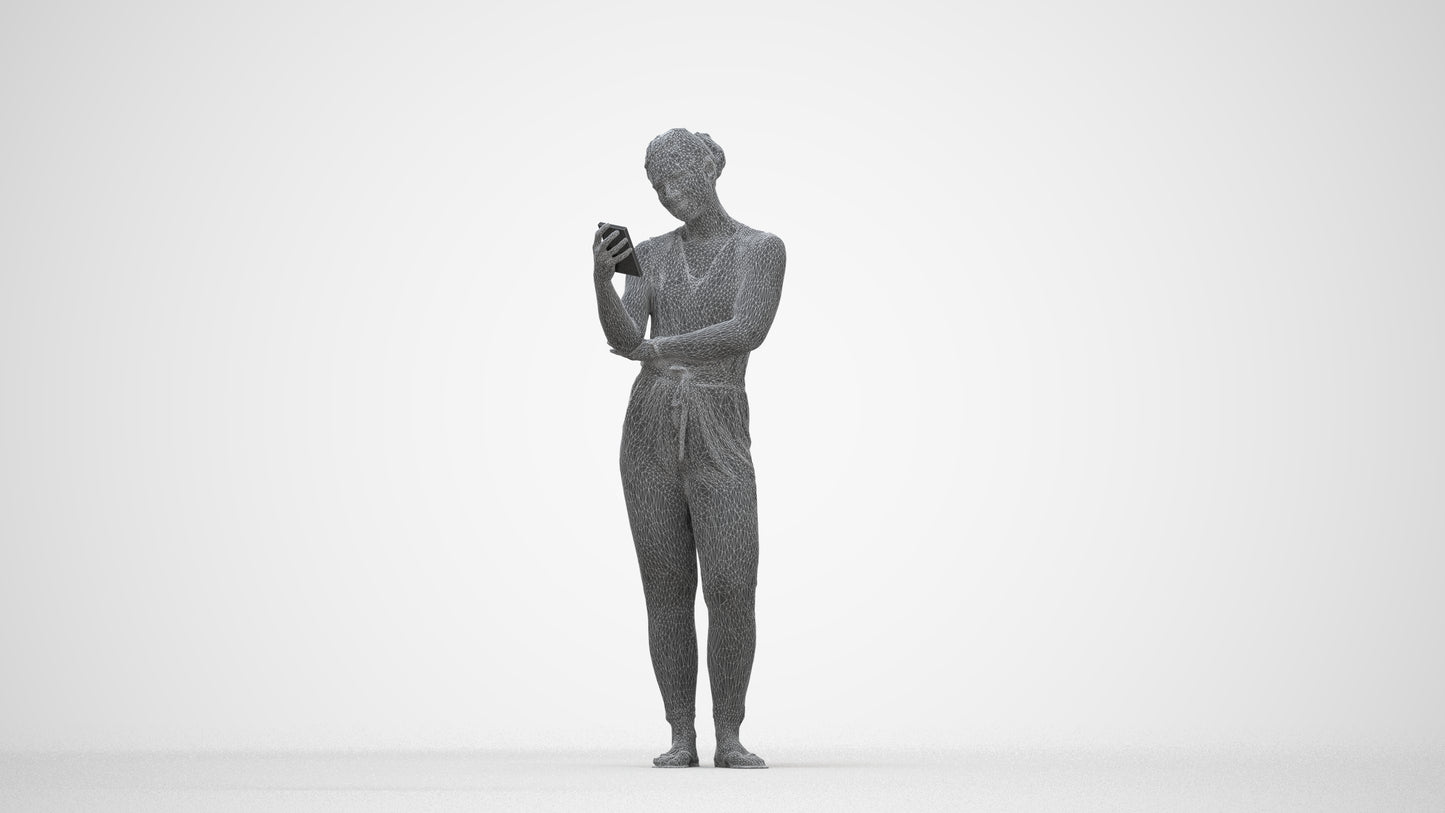 3D human model woman casual standing, photogrammetry scanned person for archviz, wireframe back view