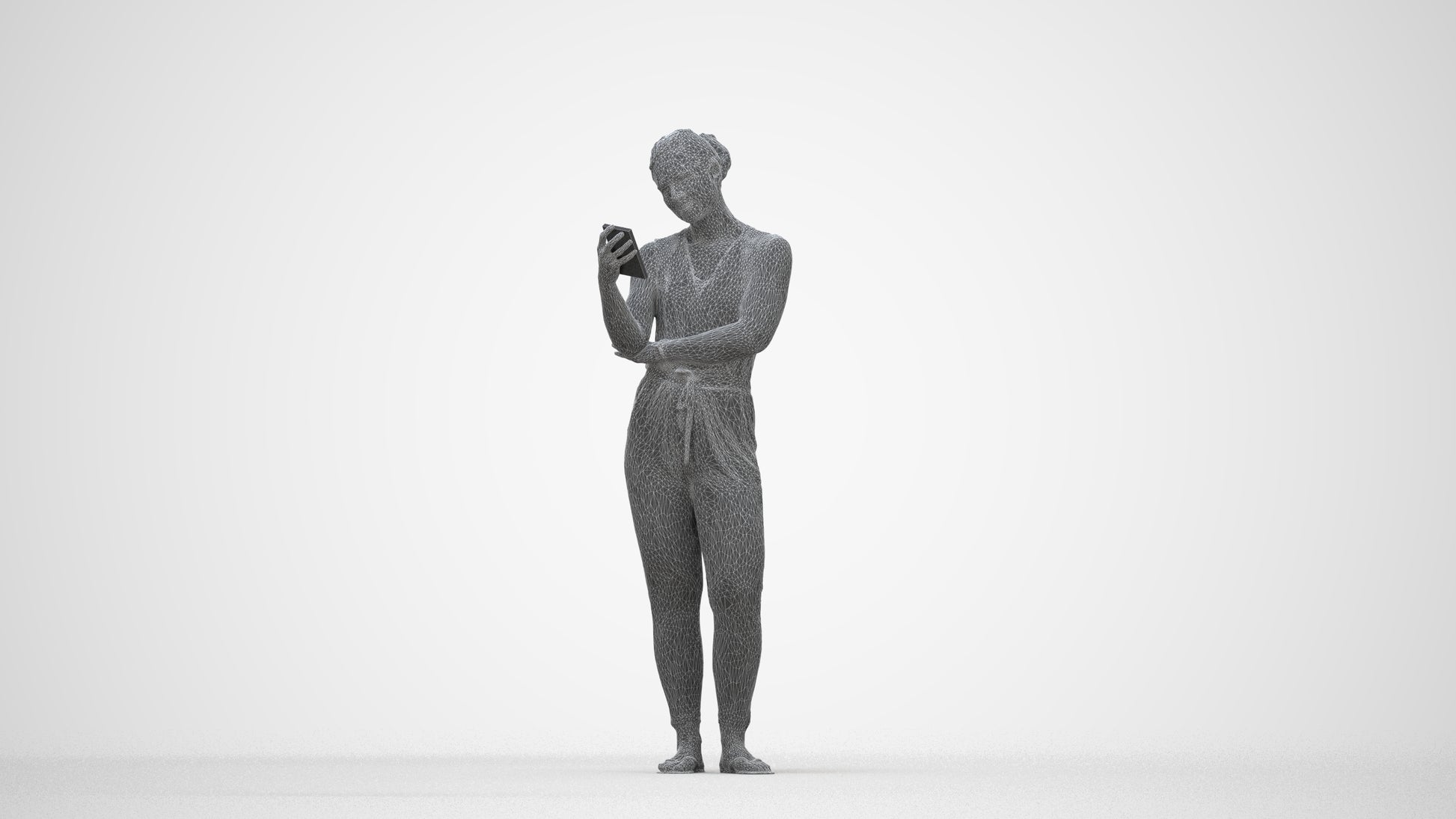 3D human model woman casual standing, photogrammetry scanned person for archviz, wireframe back view