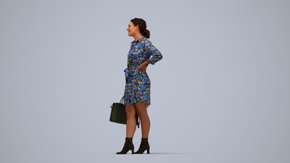 3D human model woman casual standing, photogrammetry scanned person for archviz, top-down view render