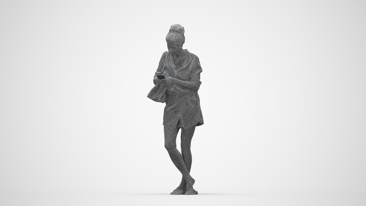 3D scanned woman standing casual, photorealistic archviz people for Enscape and SketchUp, wireframe back view