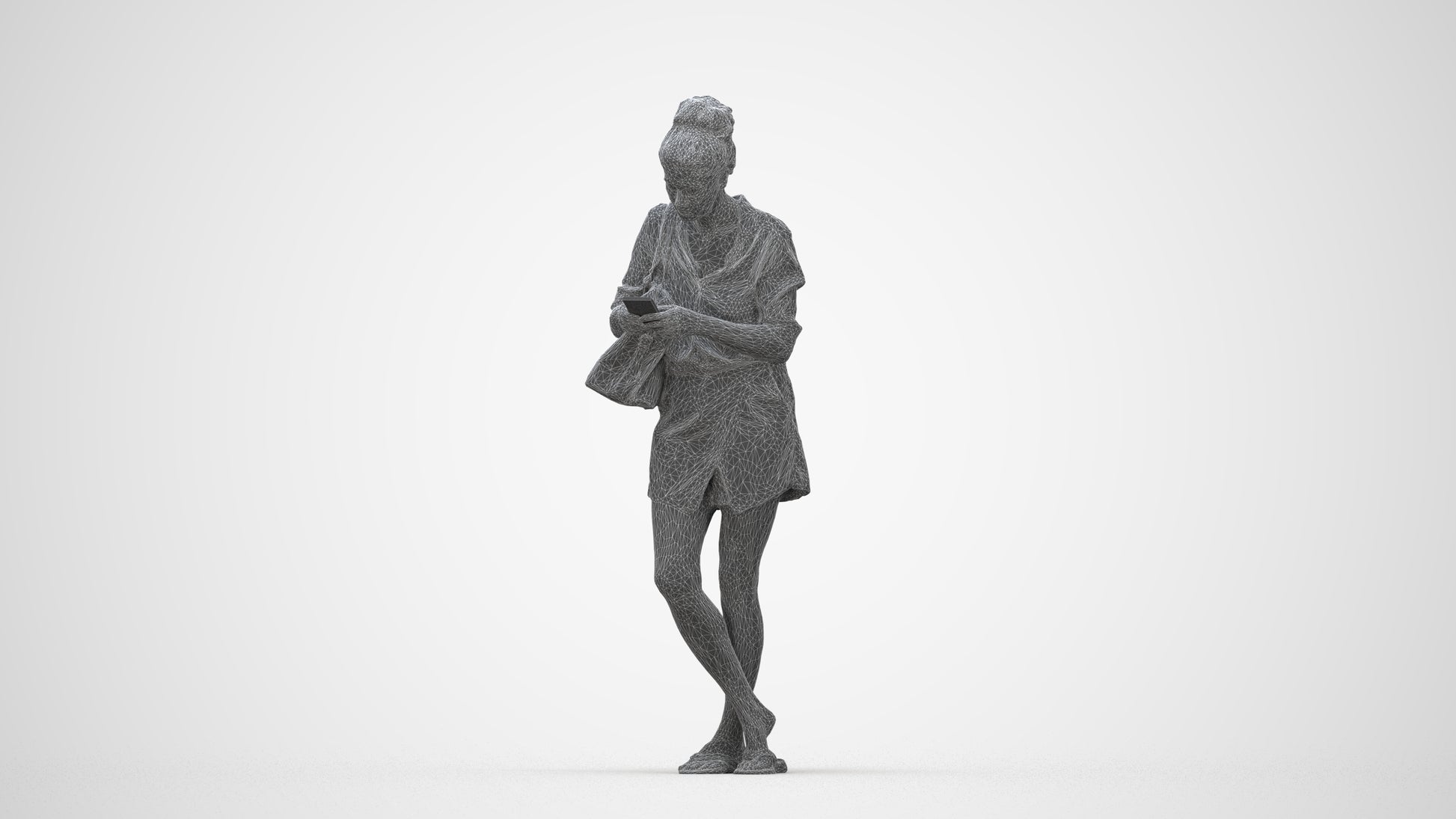 3D scanned woman standing casual, photorealistic archviz people for Enscape and SketchUp, wireframe back view