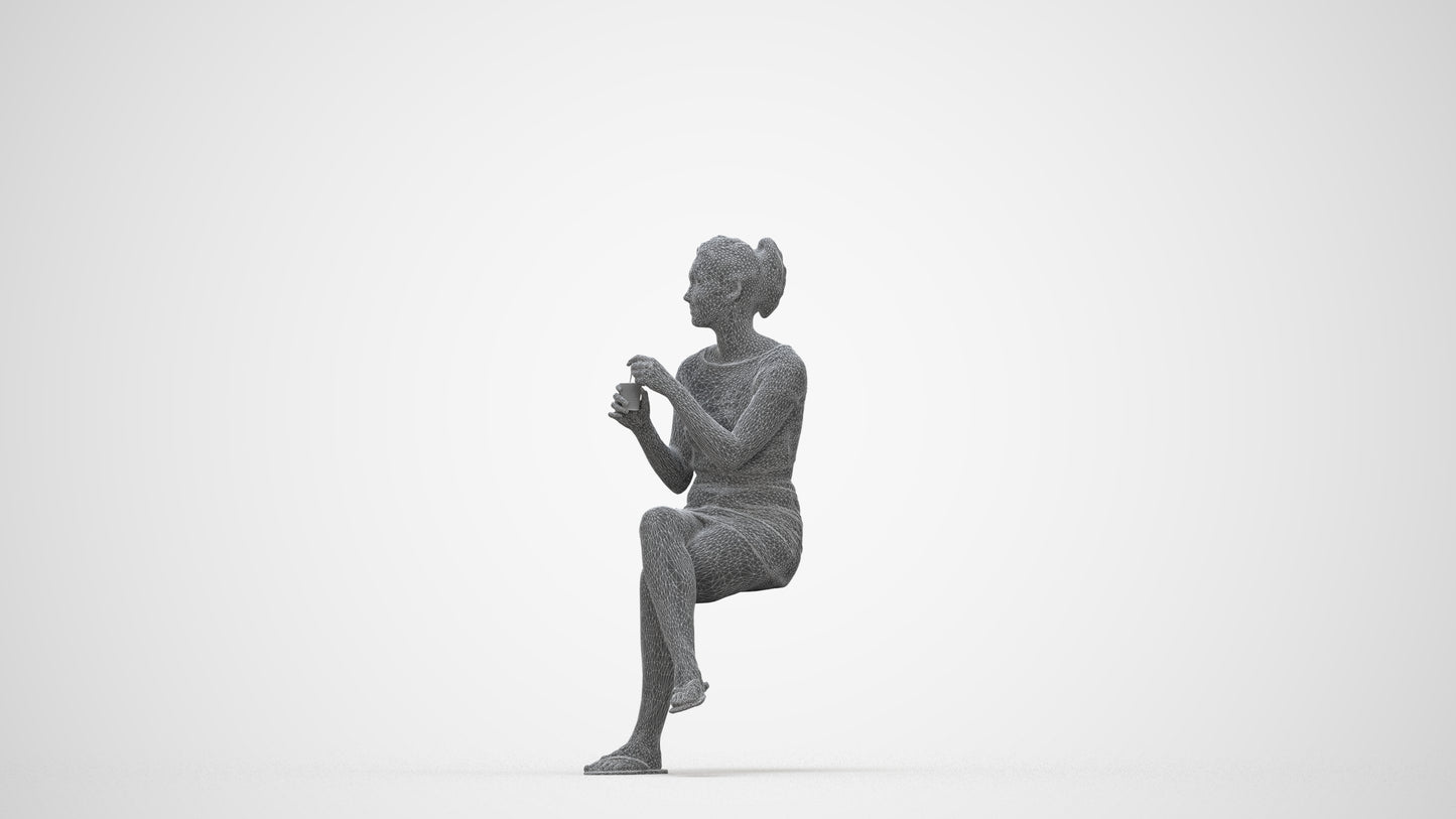 realistic 3D woman casual sitting, scanned archviz people for Blender and 3ds Max, wireframe back view