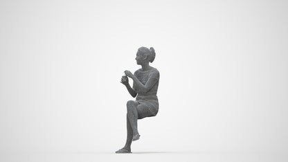 realistic 3D woman casual sitting, scanned archviz people for Blender and 3ds Max, wireframe back view