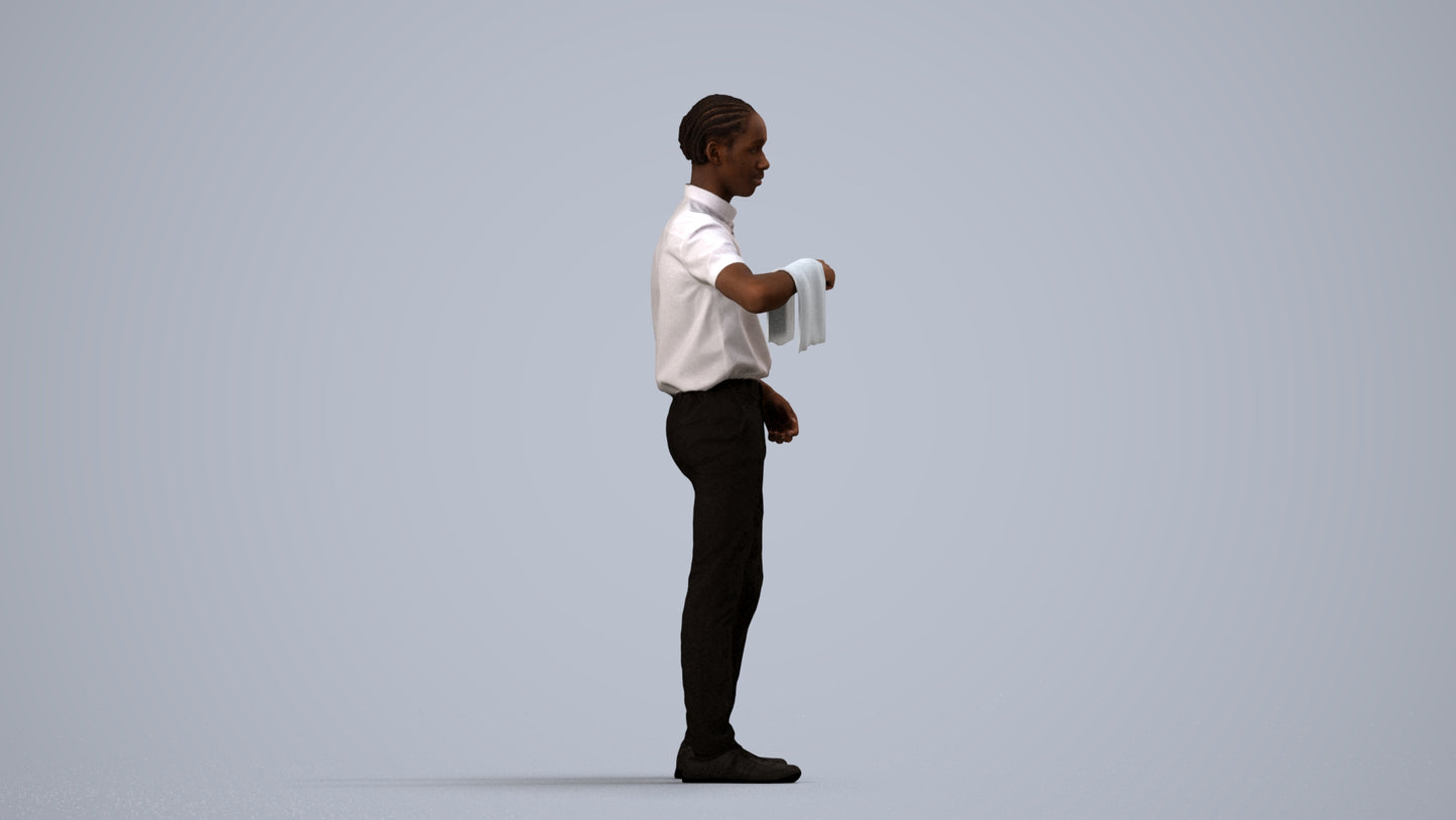 realistic 3D human boy hospitality, archviz people FBX OBJ for Blender, side view render