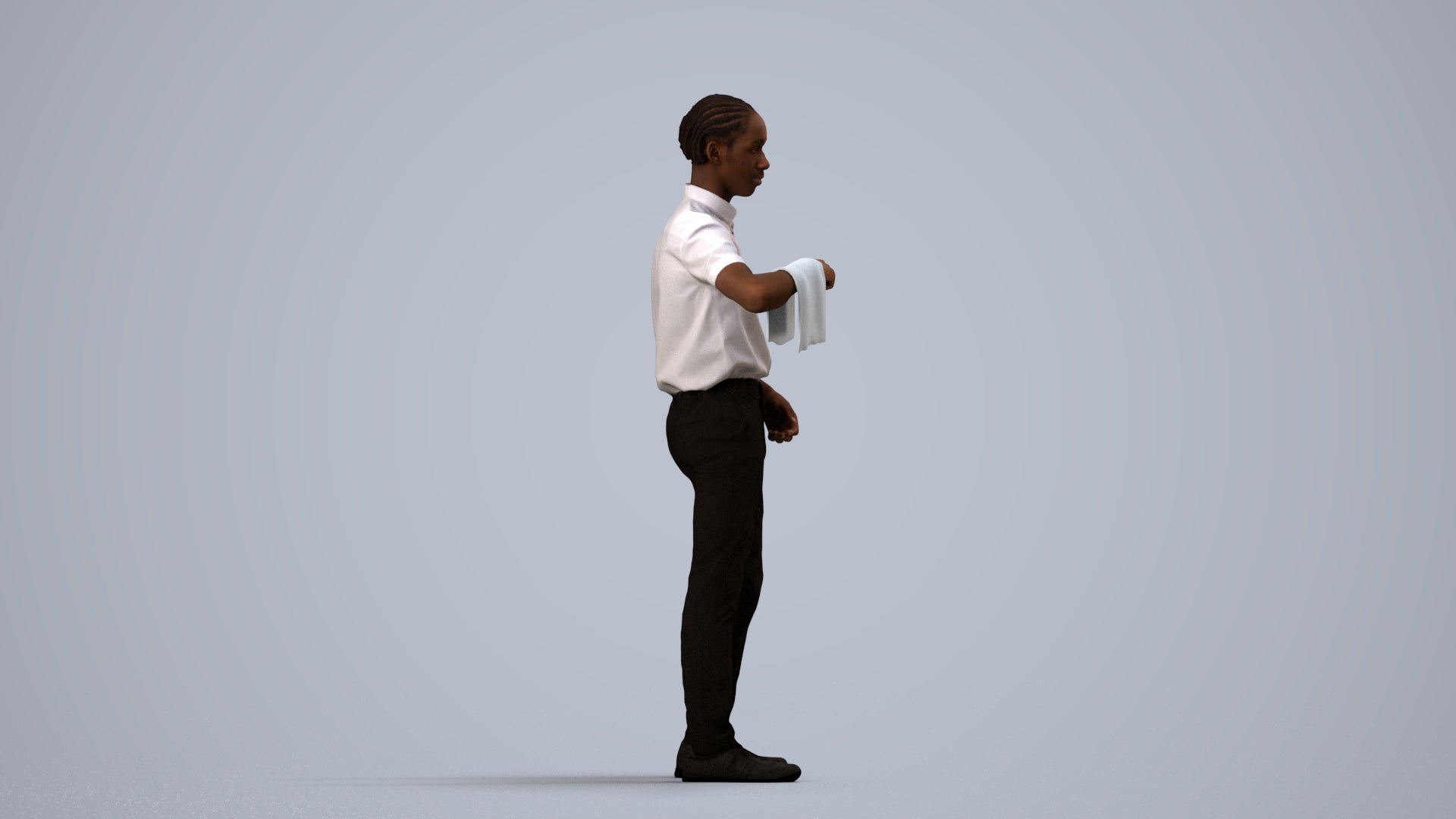 realistic 3D human boy hospitality, archviz people FBX OBJ for Blender, side view render