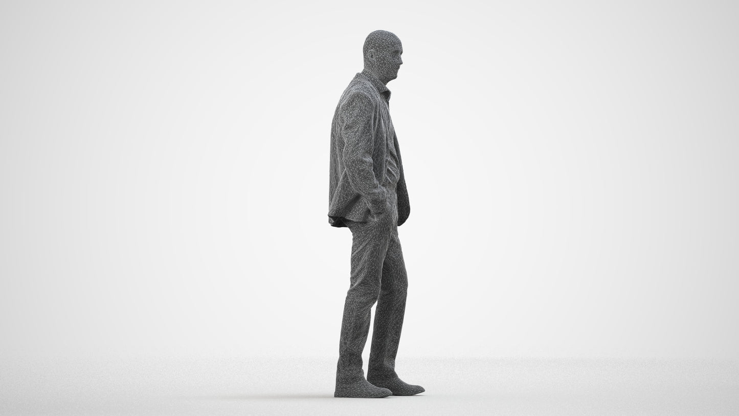 3D scanned senior man business, photorealistic archviz people for Enscape and SketchUp, wireframe side view