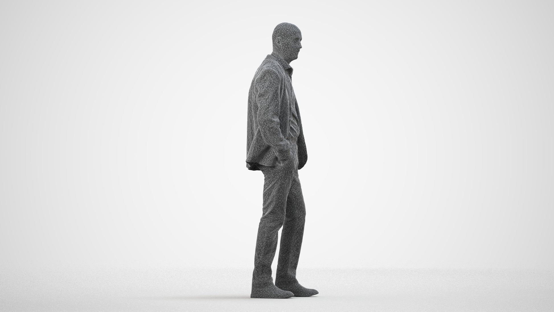 3D scanned senior man business, photorealistic archviz people for Enscape and SketchUp, wireframe side view