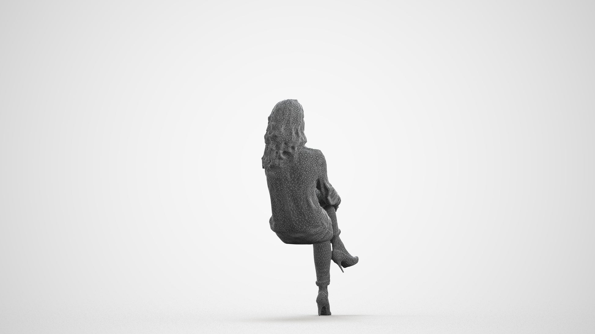 realistic 3D woman casual sitting, scanned archviz people for Blender and 3ds Max, wireframe front view