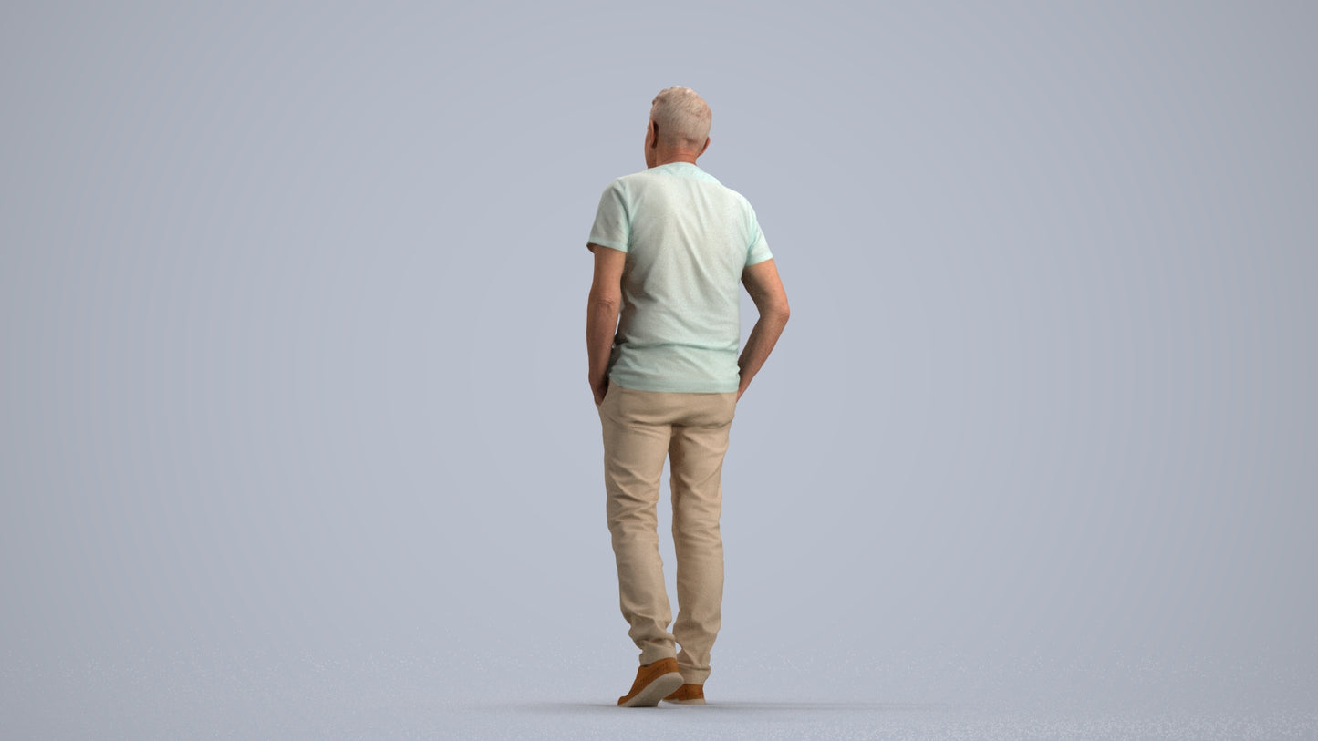 3D people model senior man casual walking, scanned human for 3ds Max rendering, front view render