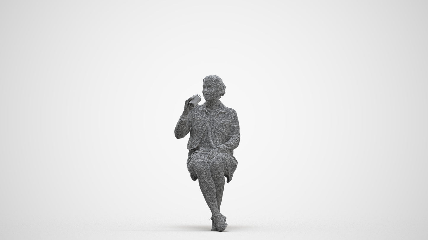 scanned 3D woman casual sitting, photogrammetry people for Enscape and V-Ray, three-quarter front view render